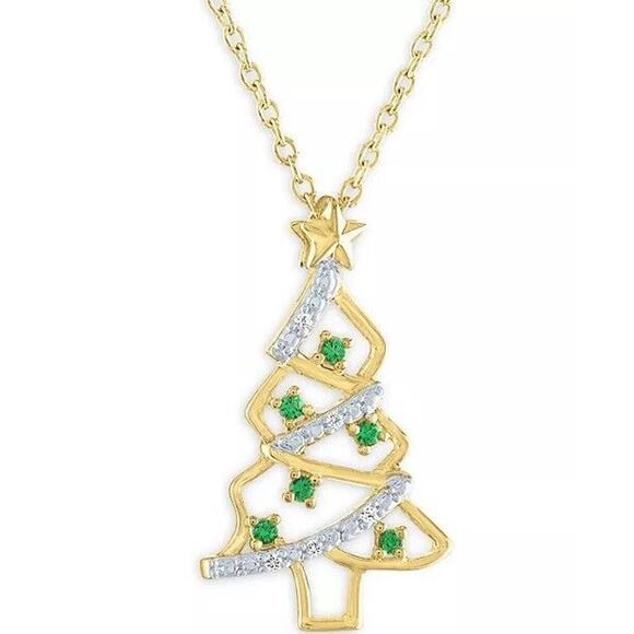 Christmas Tree Diamond Accent Lab Emerald Necklace 14K Gold Vermeil Holiday Xmas - Picture 1 of 6